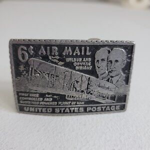 Vtg Dory Wright Brothers 6¢ Postage Stamp Pewter Belt Buckle Airplane Air Mail